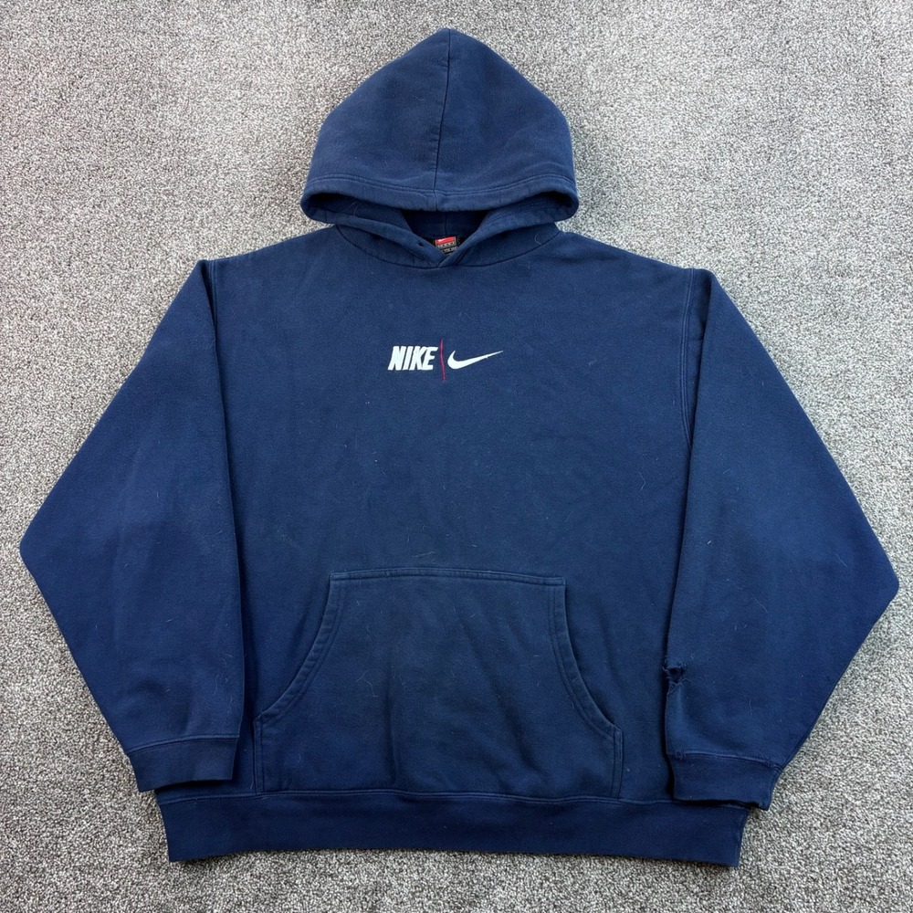 Vintage Nike Center Swoosh Hoodie Mens 2XL Navy Blue Cotton Pullover Sweatshirt‎